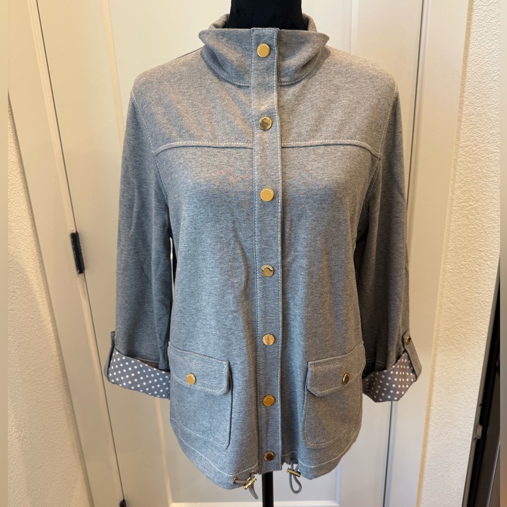 Jones New York Signature Gray Snap Front Utility Jacket Polka Dot Cuffs L - Picture 2 of 10